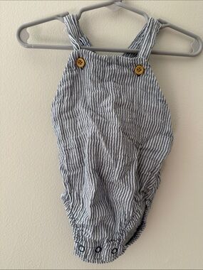 Little Planet | Blue and White Striped Overall Onesie | Size 6 Months